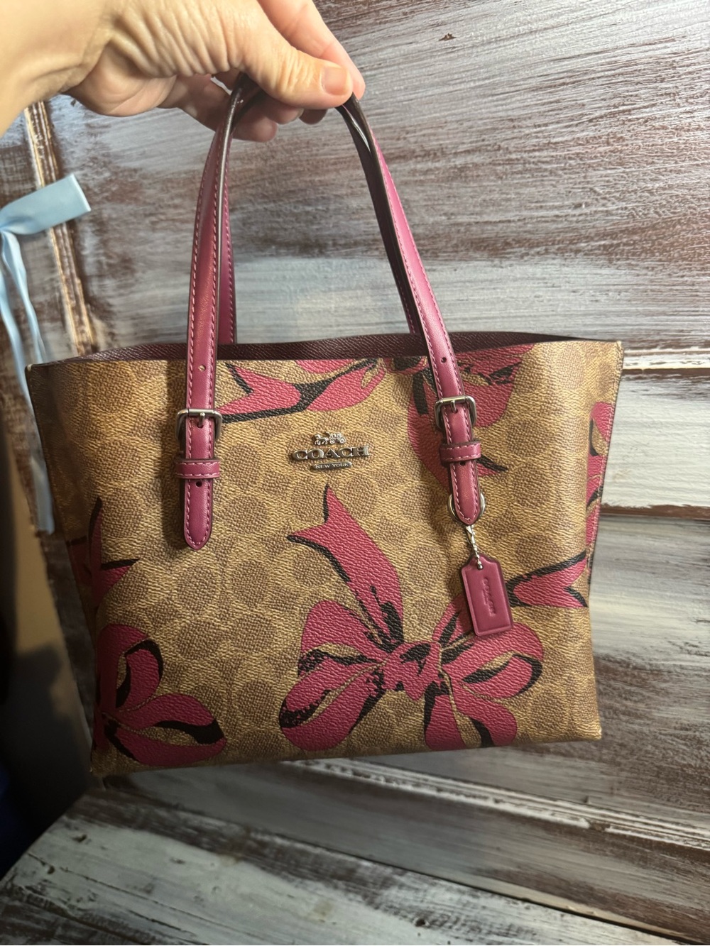 Coach Brown Signature Tote with Pink Bow Print and Pink Trim NWOT